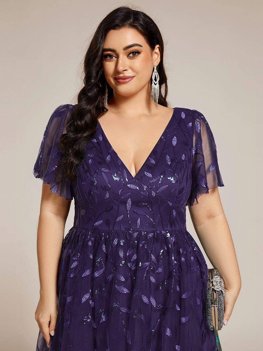 pretty SIMONE|Plus Size Leaf Sequin Tulle Midi Wedding Guest Dress (Final Sale)