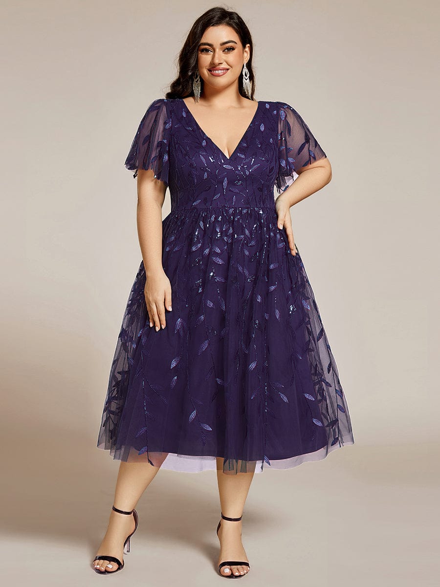 pretty SIMONE|Plus Size Leaf Sequin Tulle Midi Wedding Guest Dress (Final Sale)