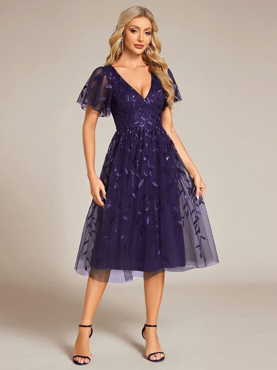 ever SIMONE|Leaf Sequin Short Sleeve Tulle Midi Dress (Final Sale)