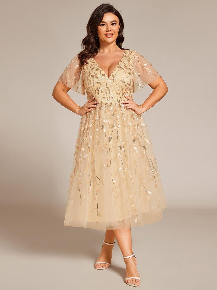 pretty SIMONE|Plus Size Leaf Sequin Tulle Midi Wedding Guest Dress (Final Sale)