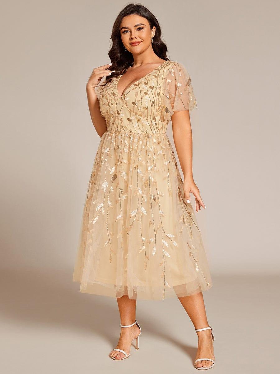 pretty SIMONE|Plus Size Leaf Sequin Tulle Midi Wedding Guest Dress (Final Sale)