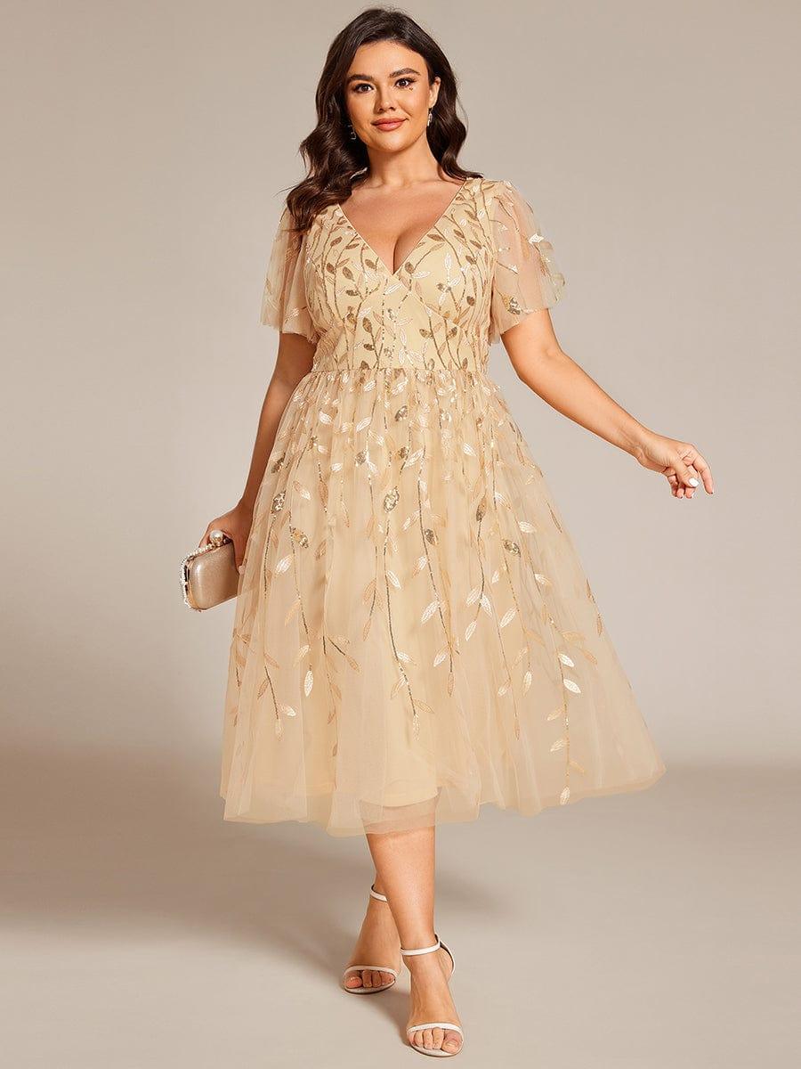 pretty SIMONE|Plus Size Leaf Sequin Tulle Midi Wedding Guest Dress (Final Sale)