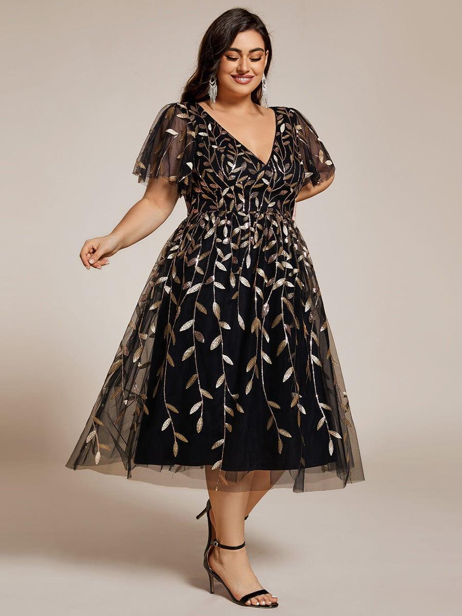 ever SIMONE|Leaf Sequin Short Sleeve Tulle Midi Dress (Final Sale)