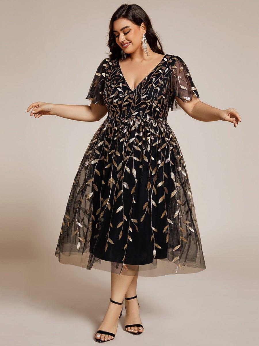 ever SIMONE|Leaf Sequin Short Sleeve Tulle Midi Dress (Final Sale)