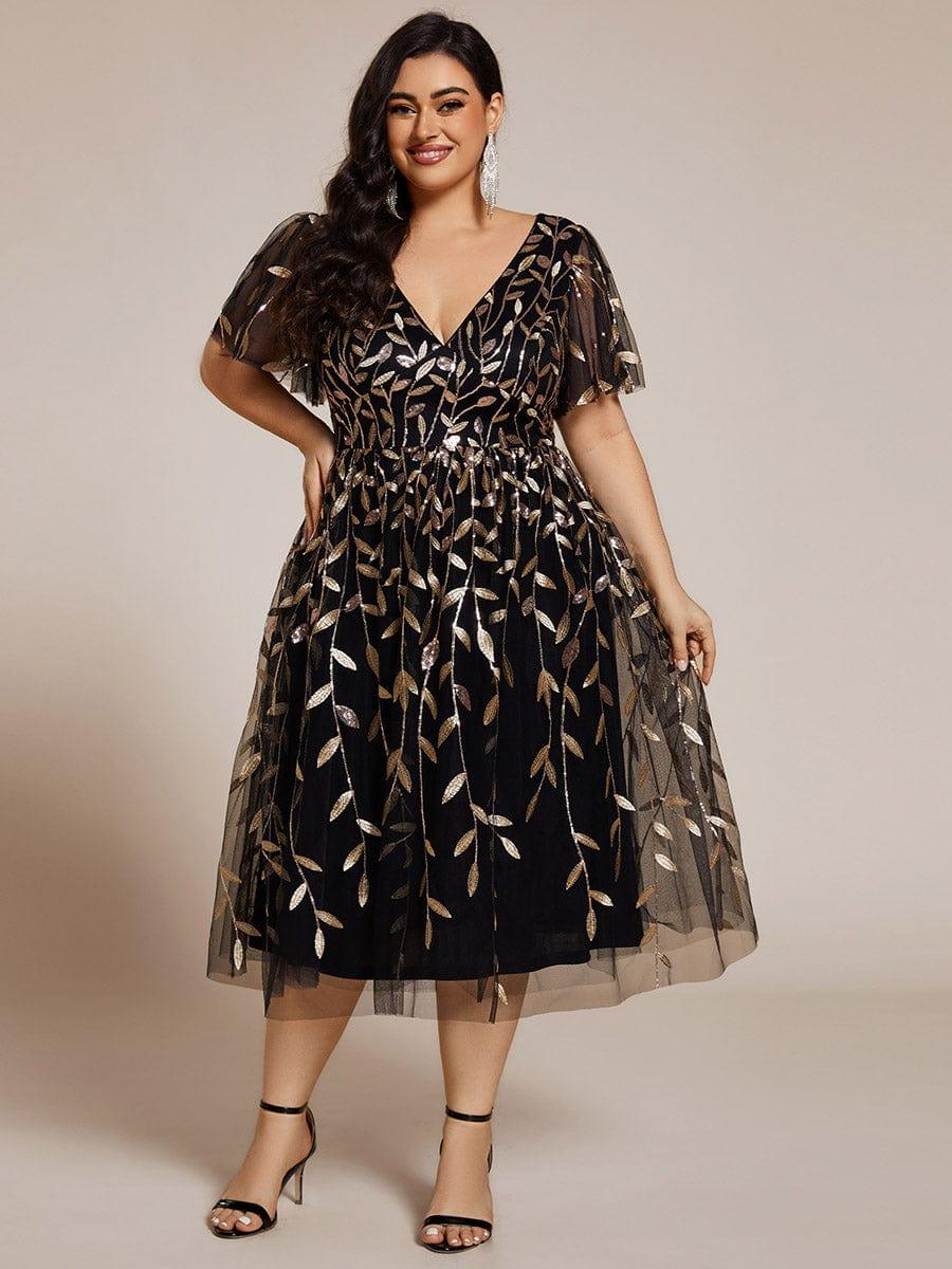 pretty SIMONE|Plus Size Leaf Sequin Tulle Midi Wedding Guest Dress (Final Sale)
