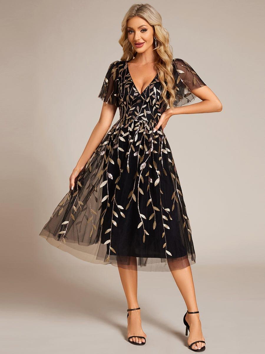 ever SIMONE|Leaf Sequin Short Sleeve Tulle Midi Dress (Final Sale)