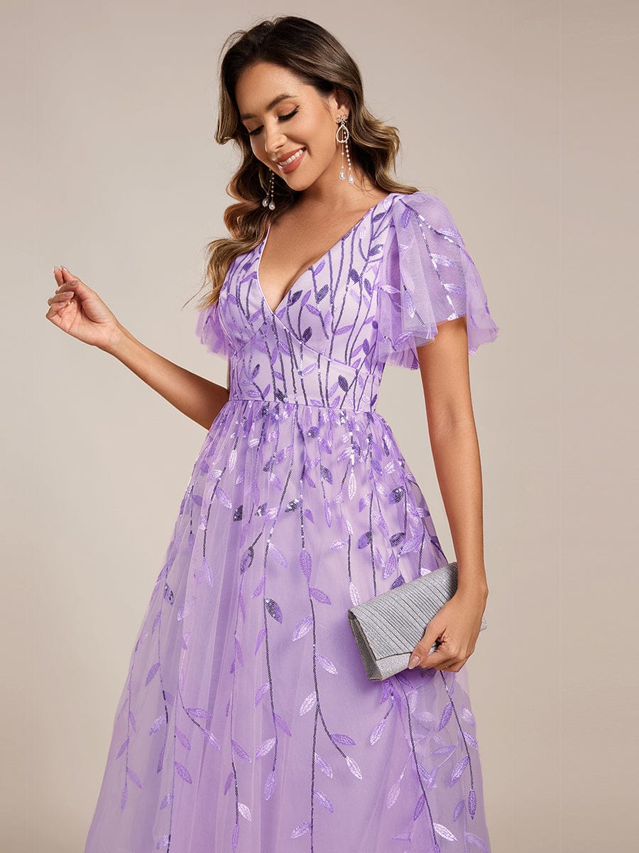ever SIMONE|Leaf Sequin Short Sleeve Tulle Midi Dress (Final Sale)