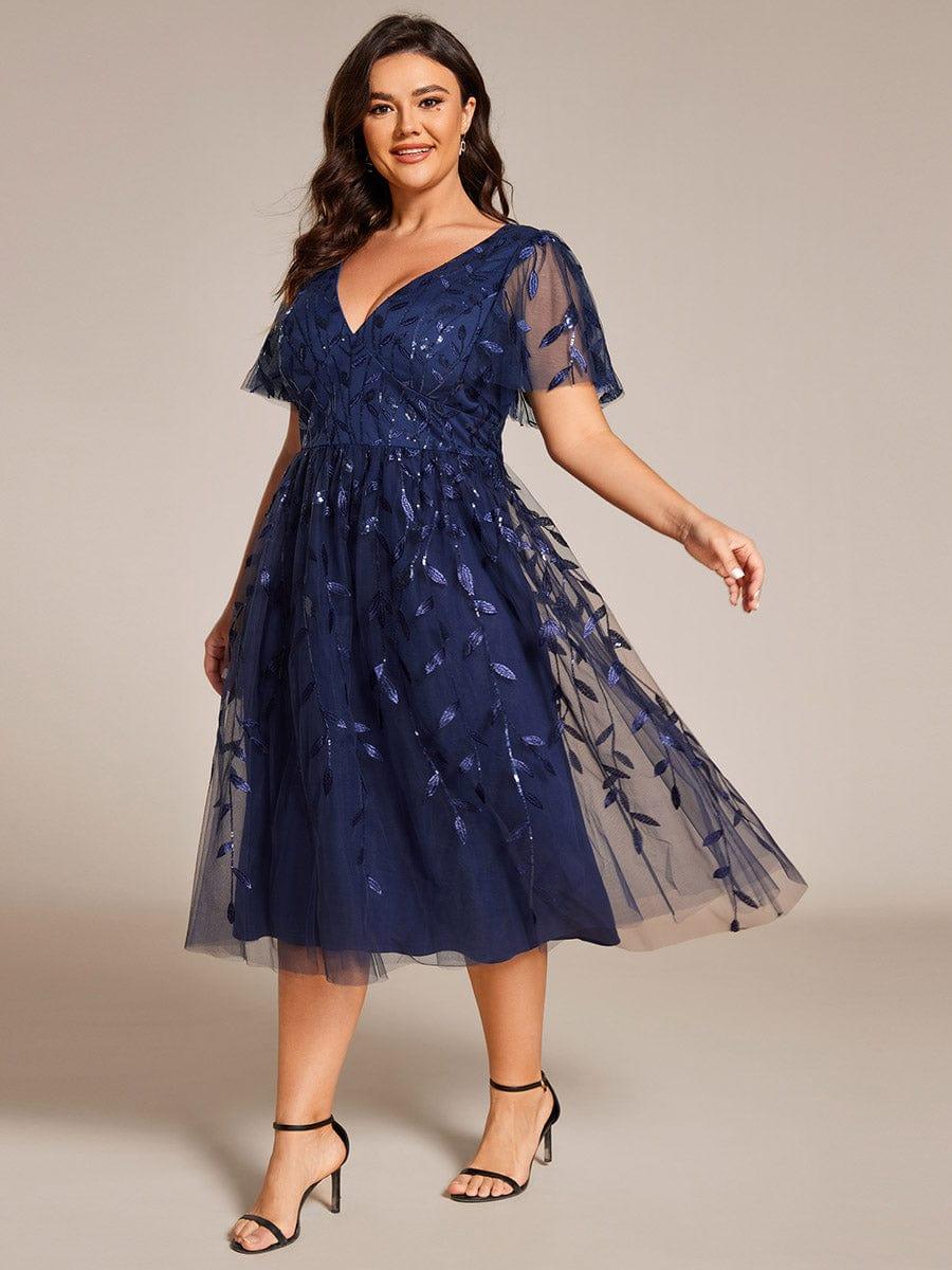 pretty SIMONE|Plus Size Leaf Sequin Tulle Midi Wedding Guest Dress (Final Sale)