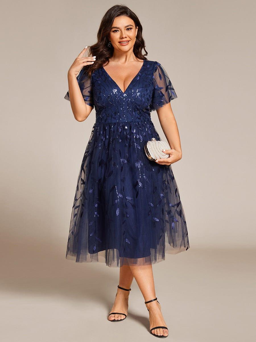 pretty SIMONE|Plus Size Leaf Sequin Tulle Midi Wedding Guest Dress (Final Sale)
