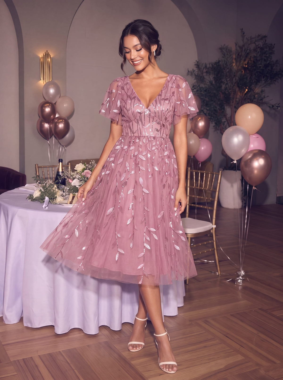 ever SIMONE|Leaf Sequin Short Sleeve Tulle Midi Dress (Final Sale)
