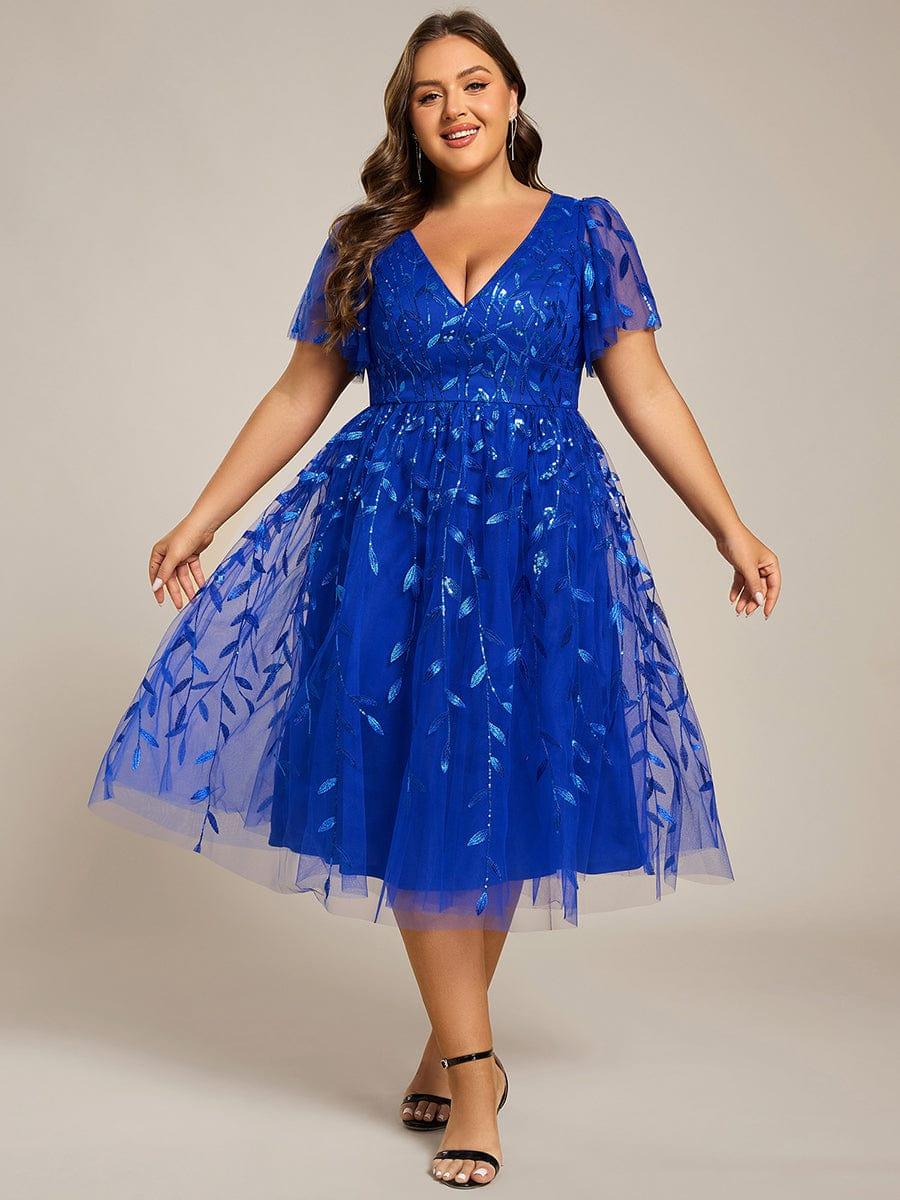 pretty SIMONE|Plus Size Leaf Sequin Tulle Midi Wedding Guest Dress (Final Sale)