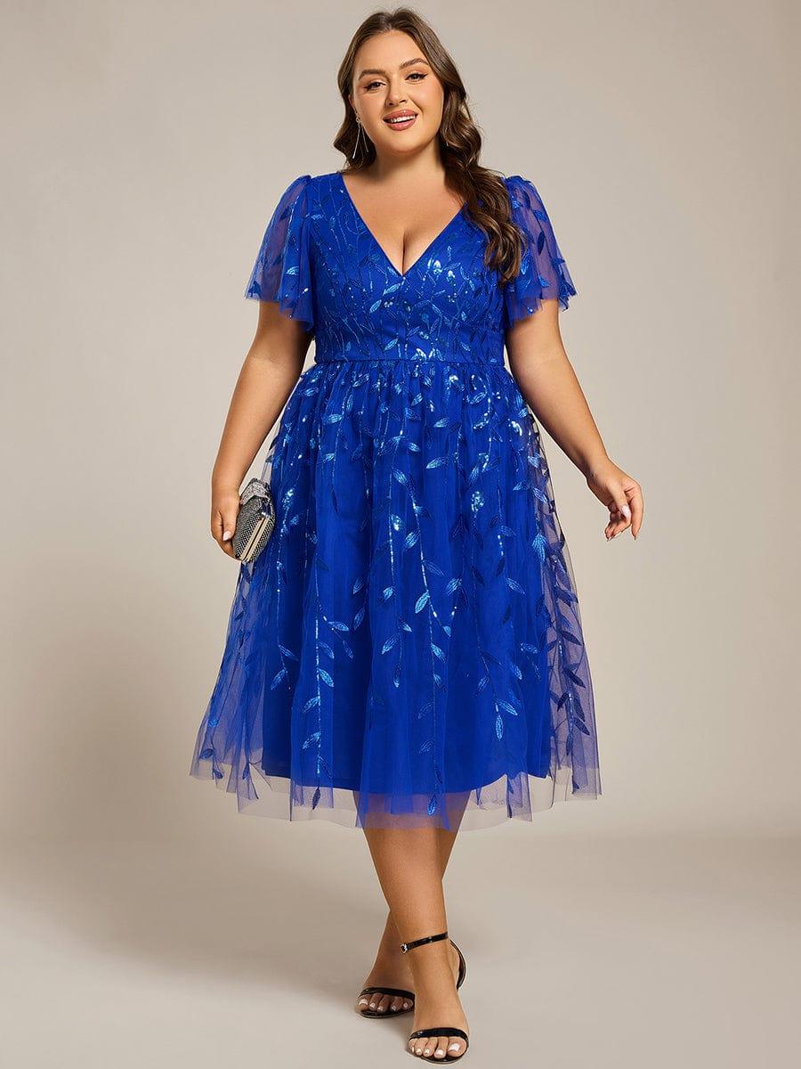 pretty SIMONE|Plus Size Leaf Sequin Tulle Midi Wedding Guest Dress (Final Sale)