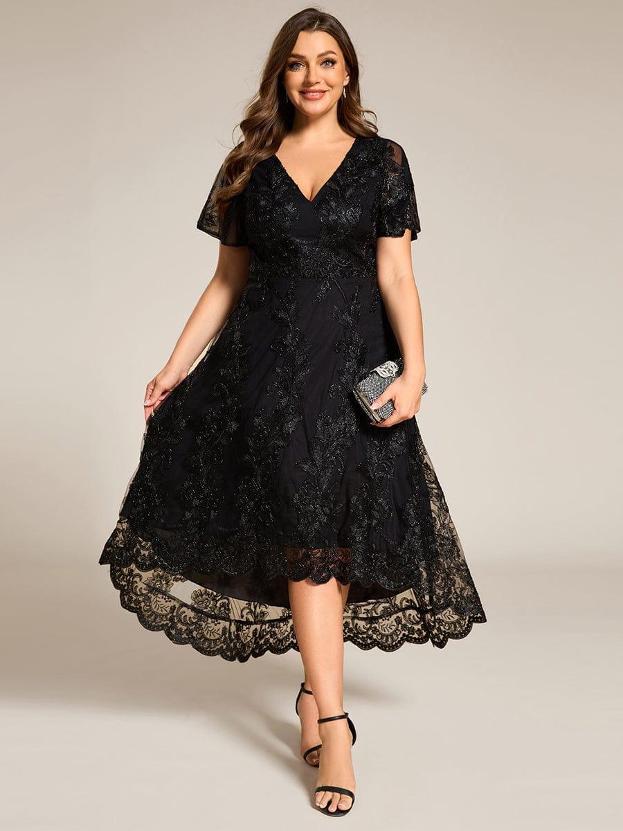 ever TIDAL|Embroidered Mesh High-Low Midi Evening Dress with Short Sleeves