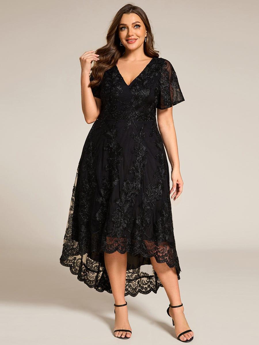 ever TIDAL|Embroidered Mesh High-Low Midi Evening Dress with Short Sleeves