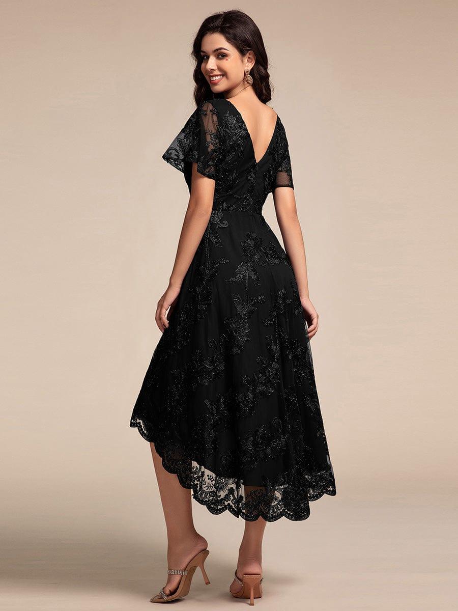 ever TIDAL|Embroidered Mesh High-Low Midi Evening Dress with Short Sleeves