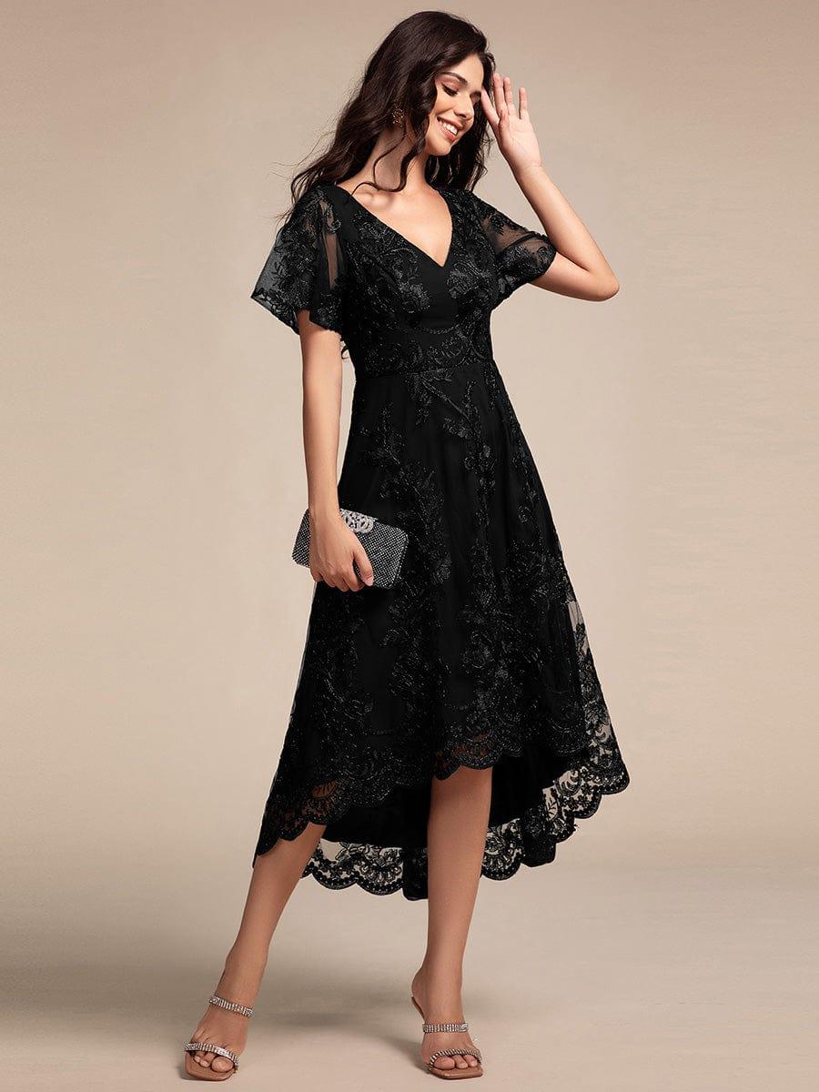 ever TIDAL|Embroidered Mesh High-Low Midi Evening Dress with Short Sleeves
