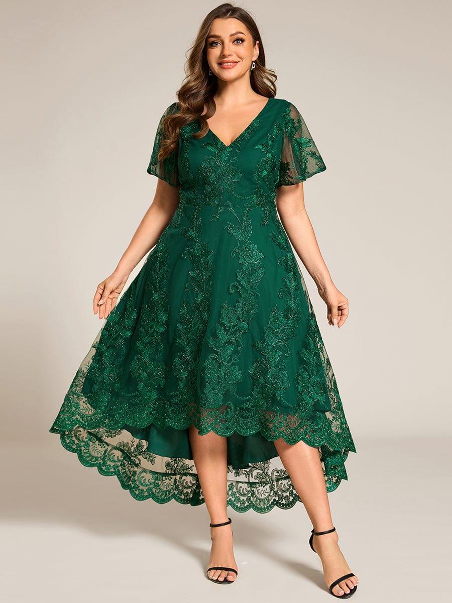 ever TIDAL|Embroidered Mesh High-Low Midi Evening Dress with Short Sleeves