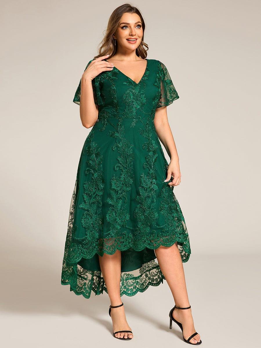 ever TIDAL|Embroidered Mesh High-Low Midi Evening Dress with Short Sleeves