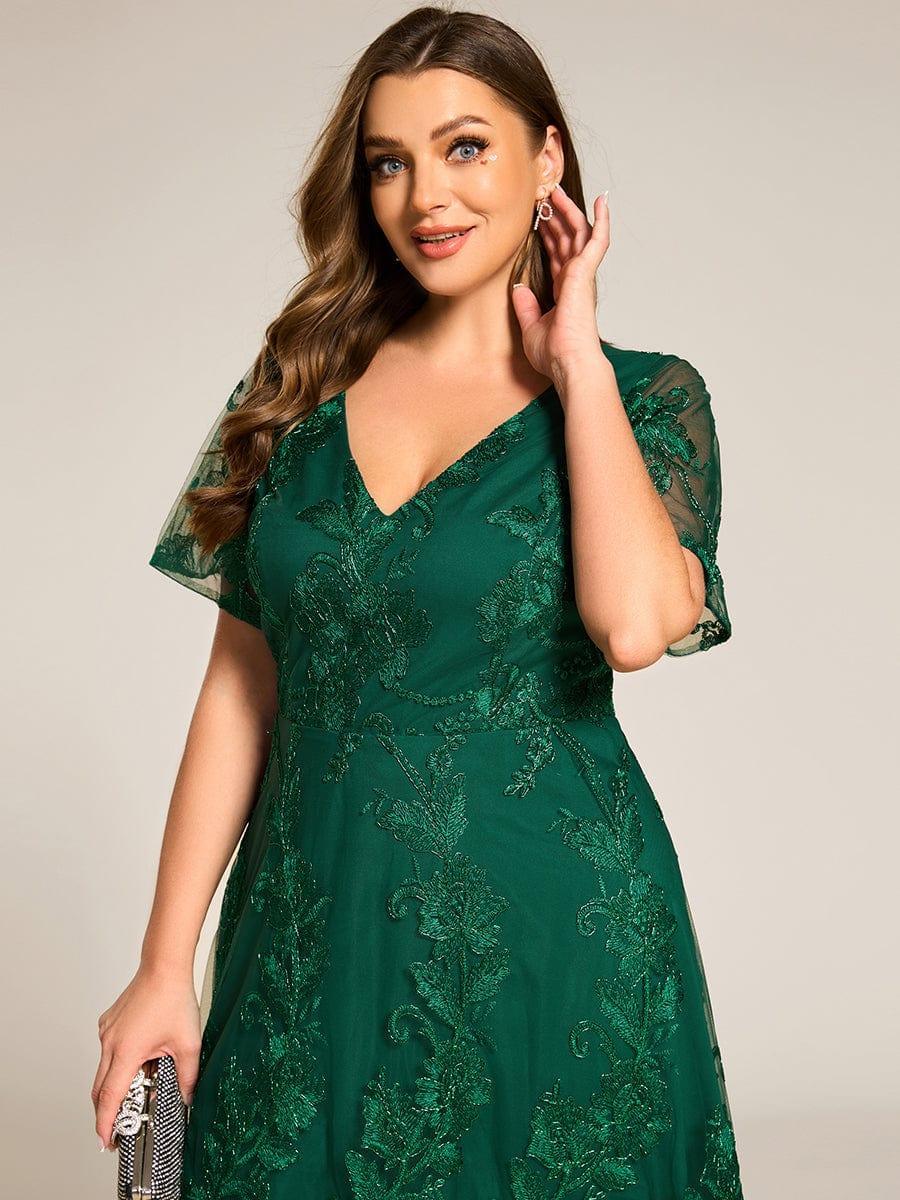 ever TIDAL|Embroidered Mesh High-Low Midi Evening Dress with Short Sleeves