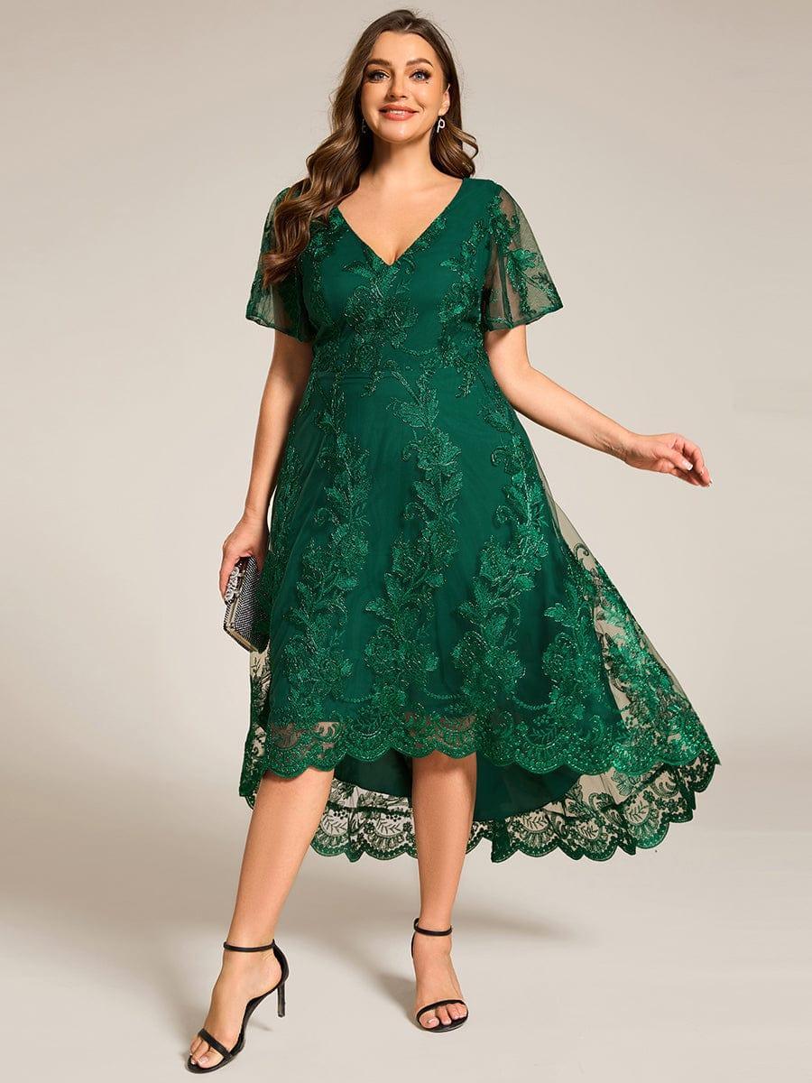 ever TIDAL|Embroidered Mesh High-Low Midi Evening Dress with Short Sleeves