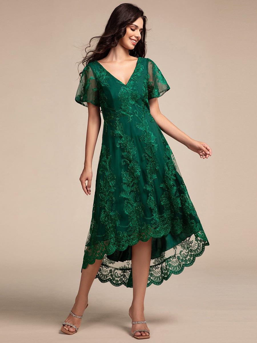 ever TIDAL|Embroidered Mesh High-Low Midi Evening Dress with Short Sleeves