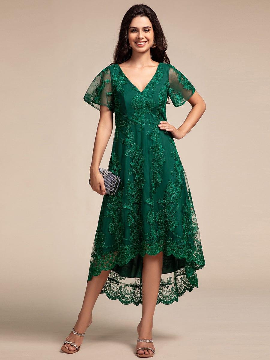 ever TIDAL|Embroidered Mesh High-Low Midi Evening Dress with Short Sleeves