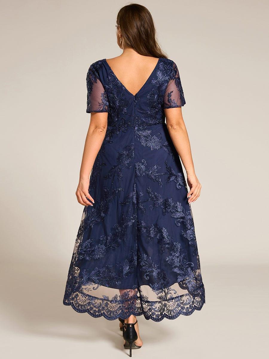 ever TIDAL|Embroidered Mesh High-Low Midi Evening Dress with Short Sleeves