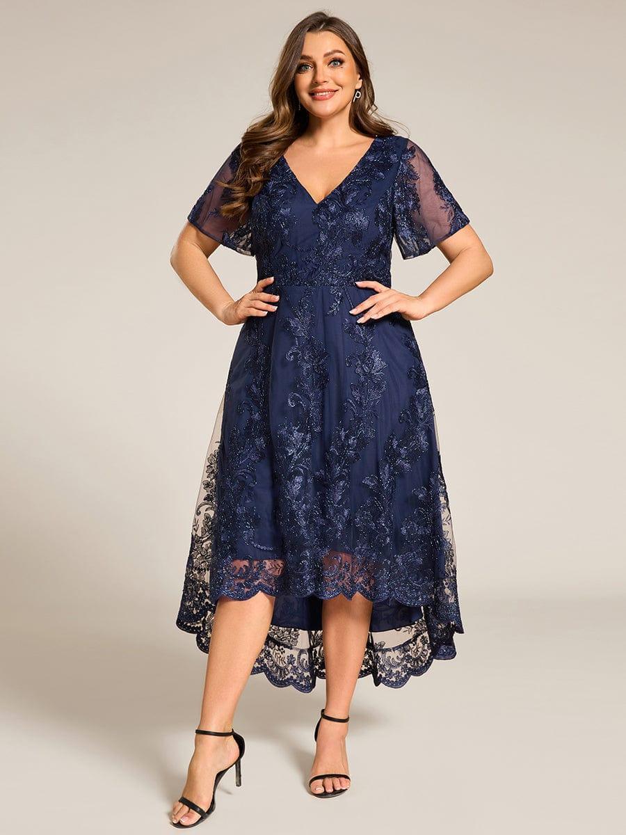 ever TIDAL|Embroidered Mesh High-Low Midi Evening Dress with Short Sleeves