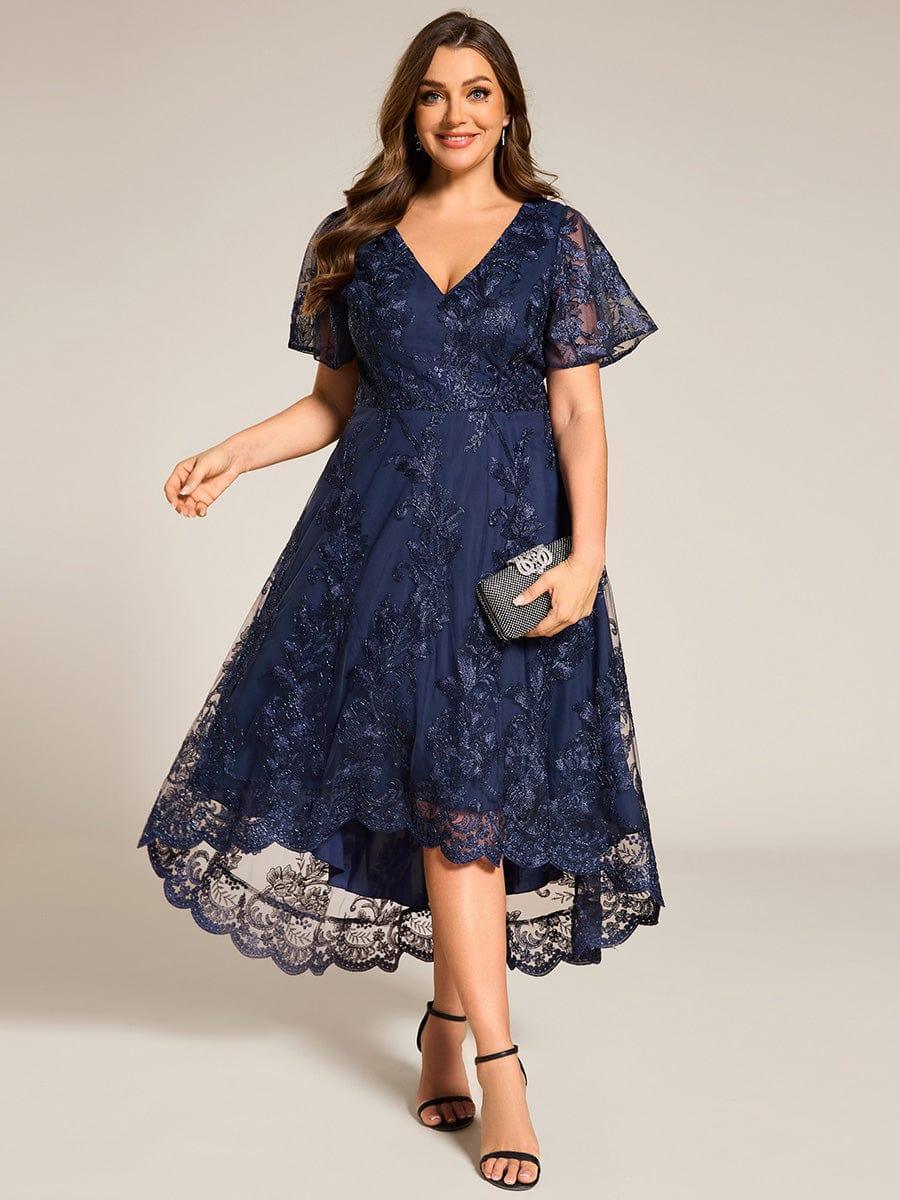 ever TIDAL|Embroidered Mesh High-Low Midi Evening Dress with Short Sleeves