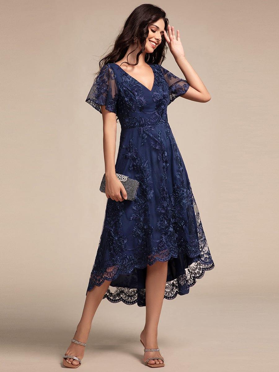 ever TIDAL|Embroidered Mesh High-Low Midi Evening Dress with Short Sleeves