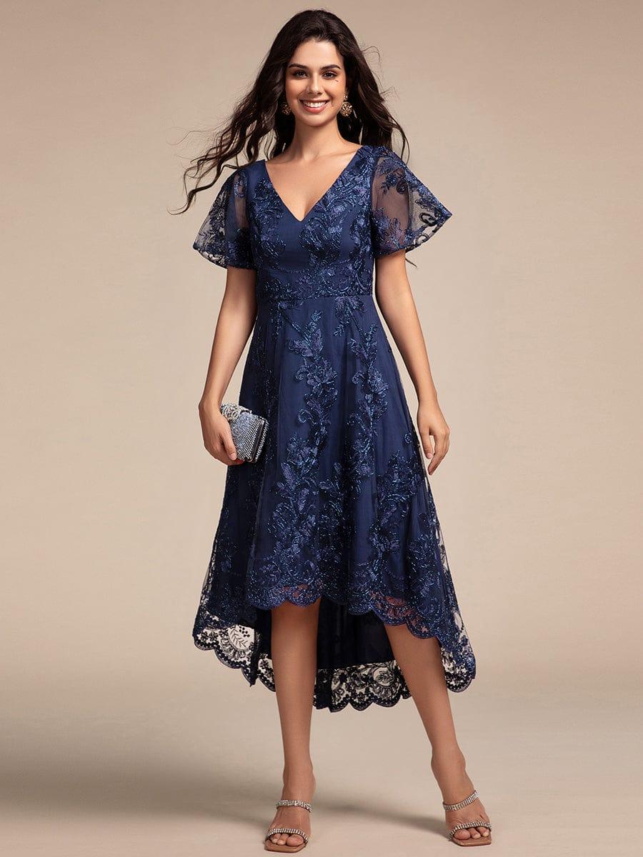 ever TIDAL|Embroidered Mesh High-Low Midi Evening Dress with Short Sleeves