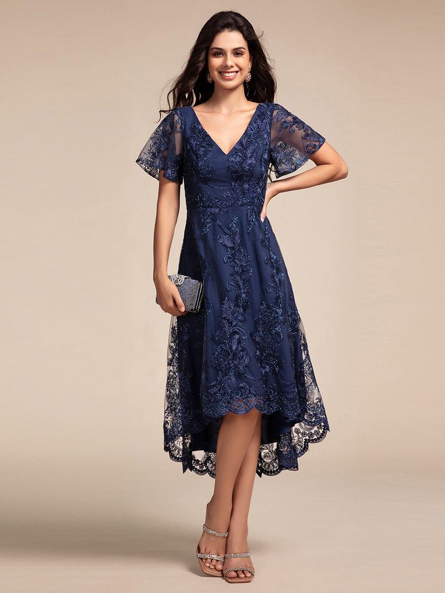 ever TIDAL|Embroidered Mesh High-Low Midi Evening Dress with Short Sleeves