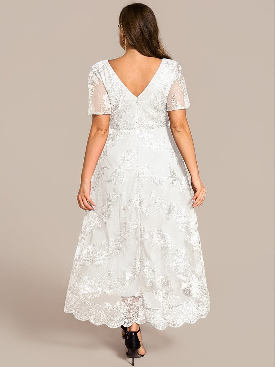 ever TIDAL|Embroidered Mesh High-Low Midi Evening Dress with Short Sleeves