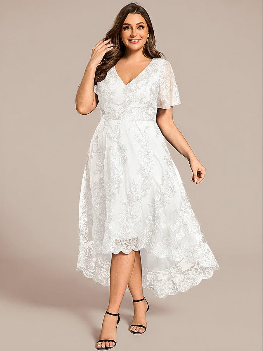 ever TIDAL|Embroidered Mesh High-Low Midi Evening Dress with Short Sleeves