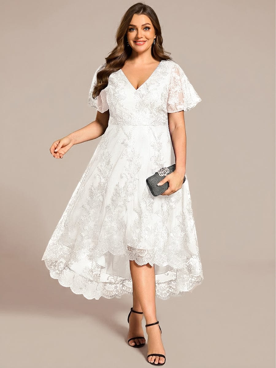 ever TIDAL|Embroidered Mesh High-Low Midi Evening Dress with Short Sleeves