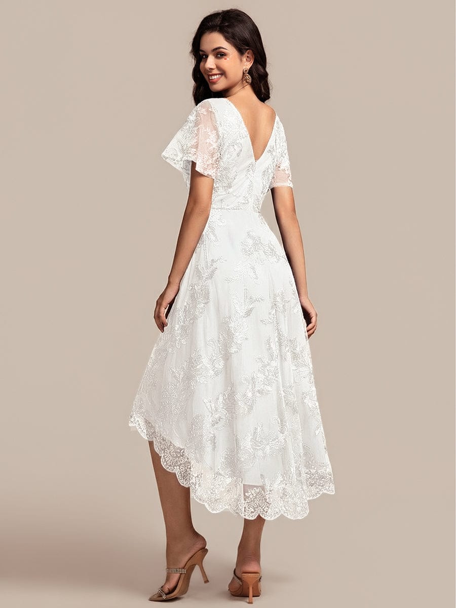ever TIDAL|Embroidered Mesh High-Low Midi Evening Dress with Short Sleeves