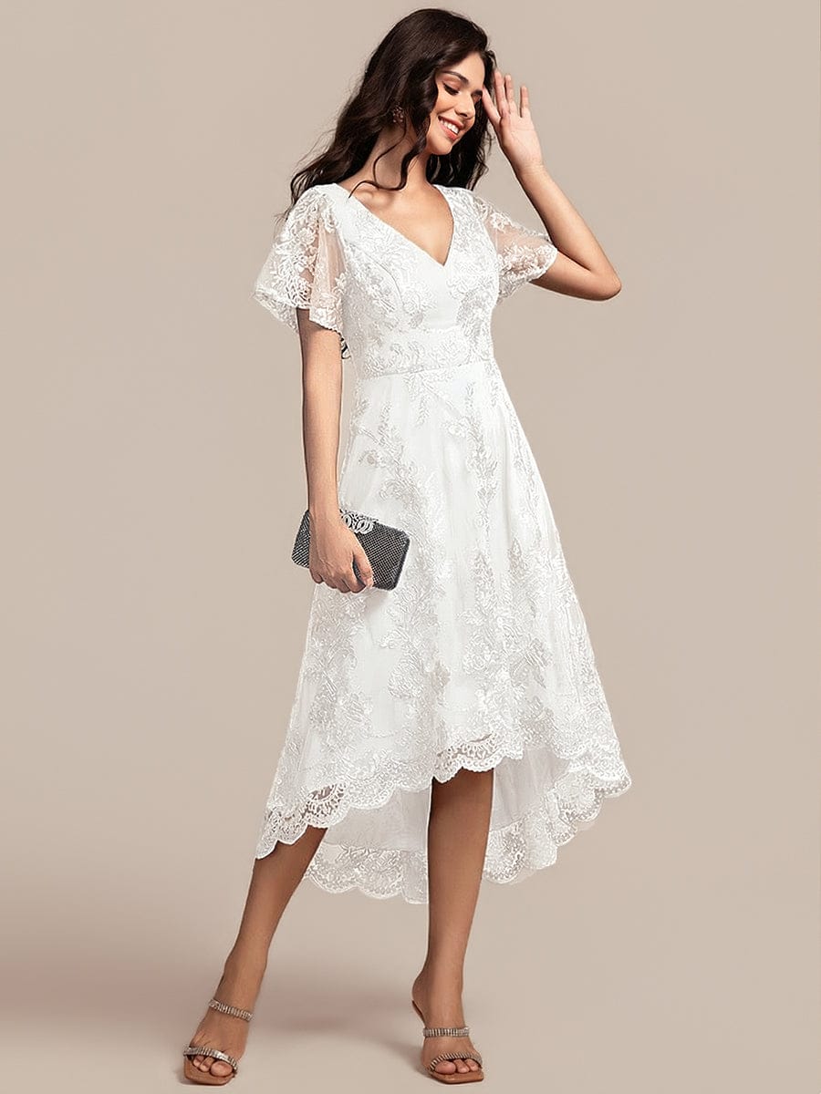 ever TIDAL|Embroidered Mesh High-Low Midi Evening Dress with Short Sleeves