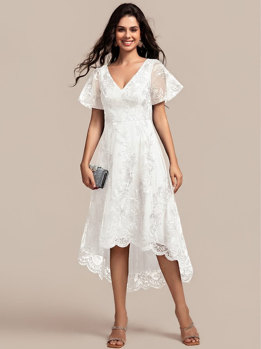 ever TIDAL|Embroidered Mesh High-Low Midi Evening Dress with Short Sleeves