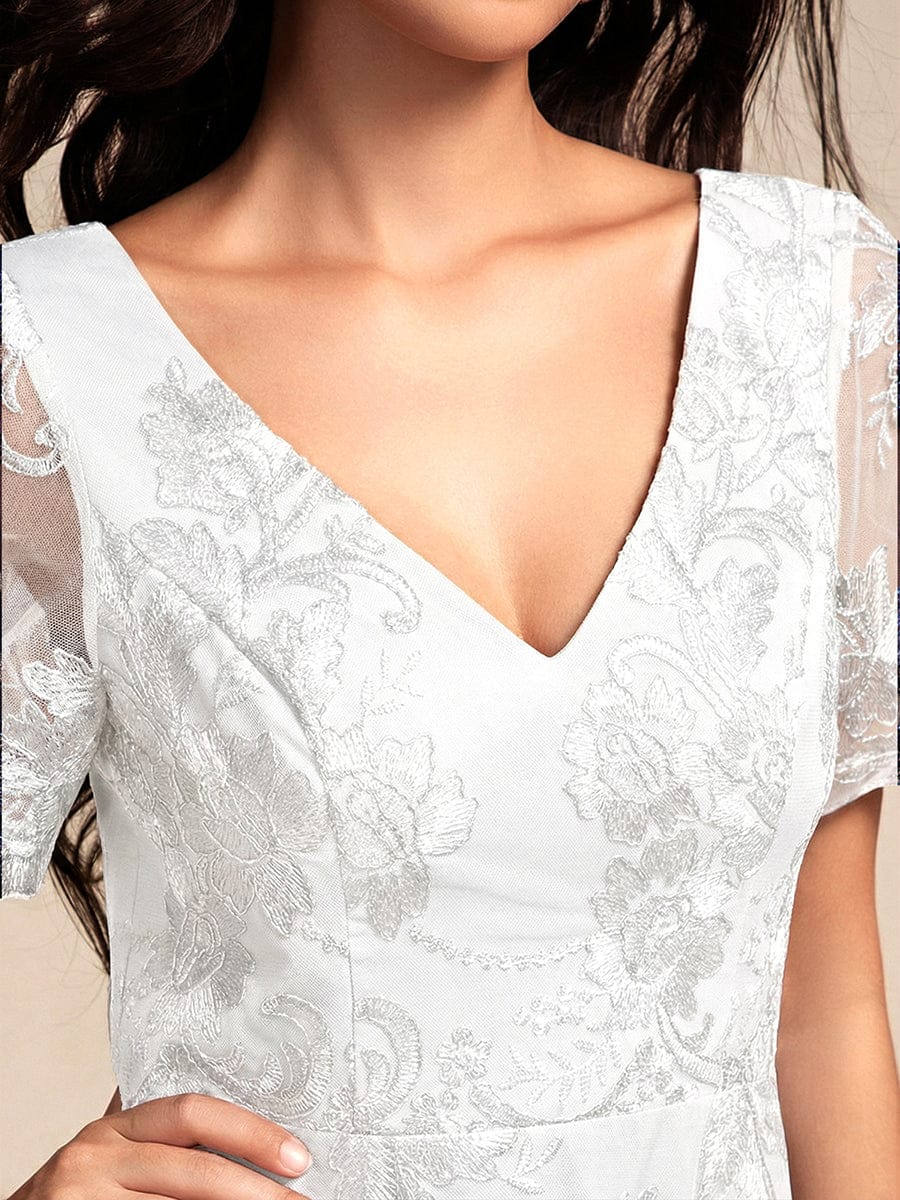 ever TIDAL|Embroidered Mesh High-Low Midi Evening Dress with Short Sleeves