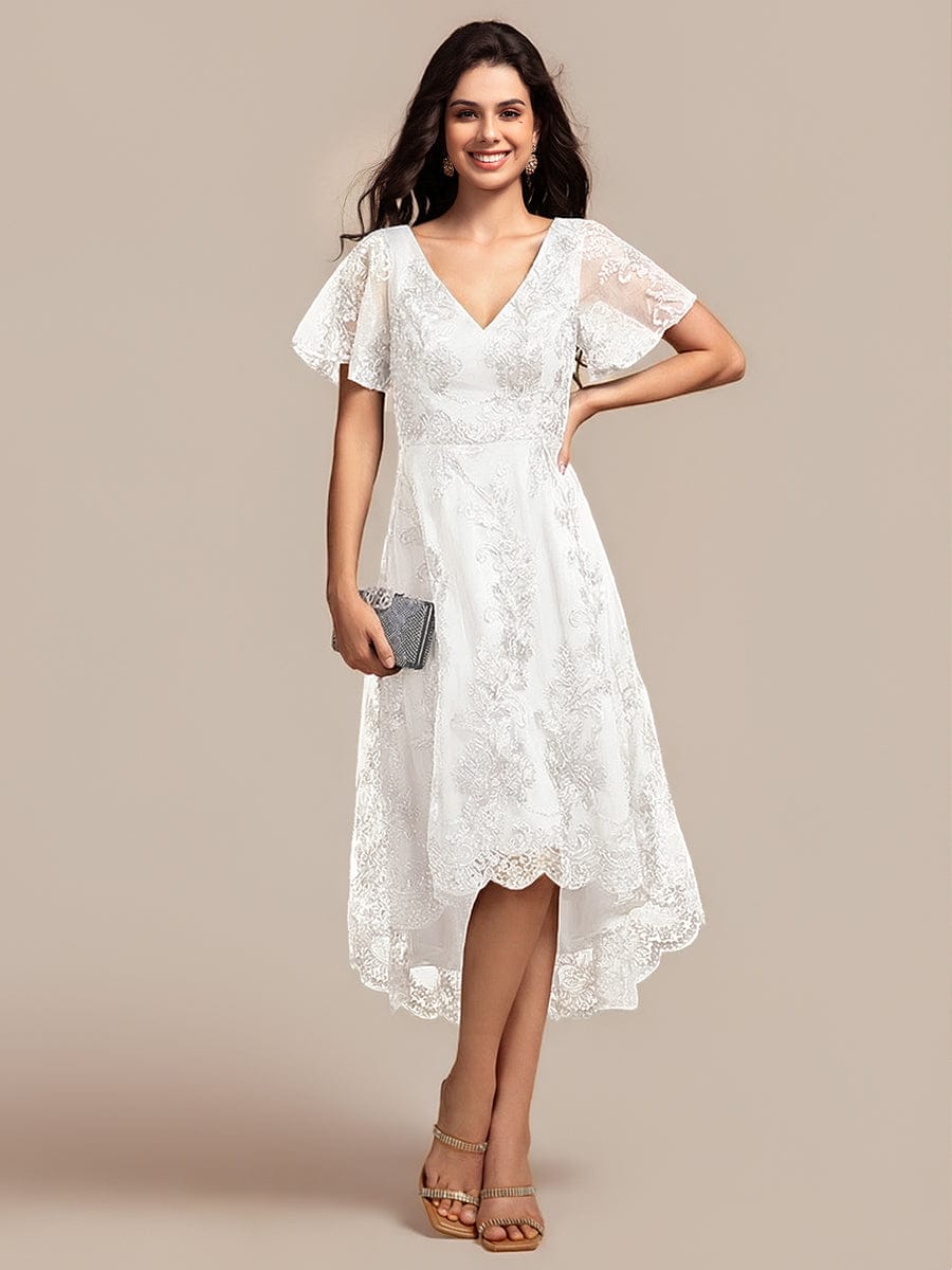 ever TIDAL|Embroidered Mesh High-Low Midi Evening Dress with Short Sleeves