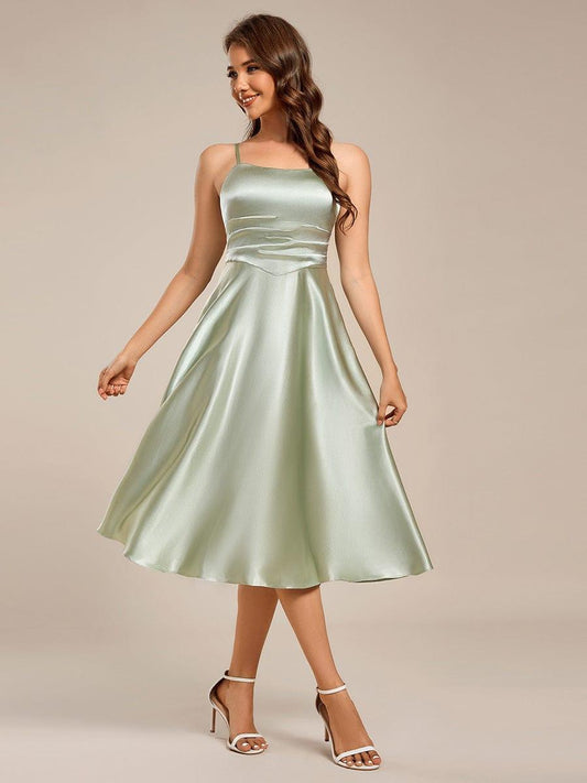 ever SHILOH|Pleated Adjustable Strap Midi Sleeveless Satin Wedding Guest Dress