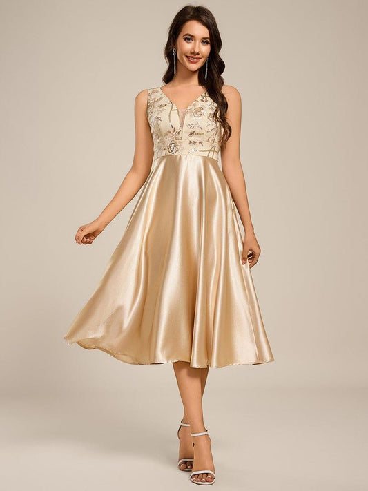 ever DELYN | Deep V Sequin Satin Sleeveless Midi Guest Dress