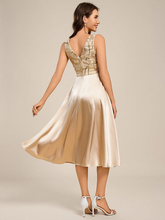 ever DELYN | Deep V Sequin Satin Sleeveless Midi Guest Dress
