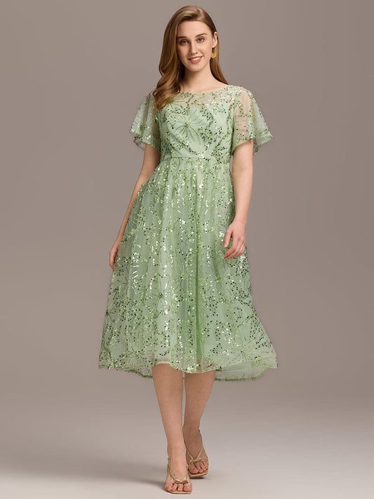 ever ADEL|Sequin Ruffle Sleeve Wedding Guest Dress