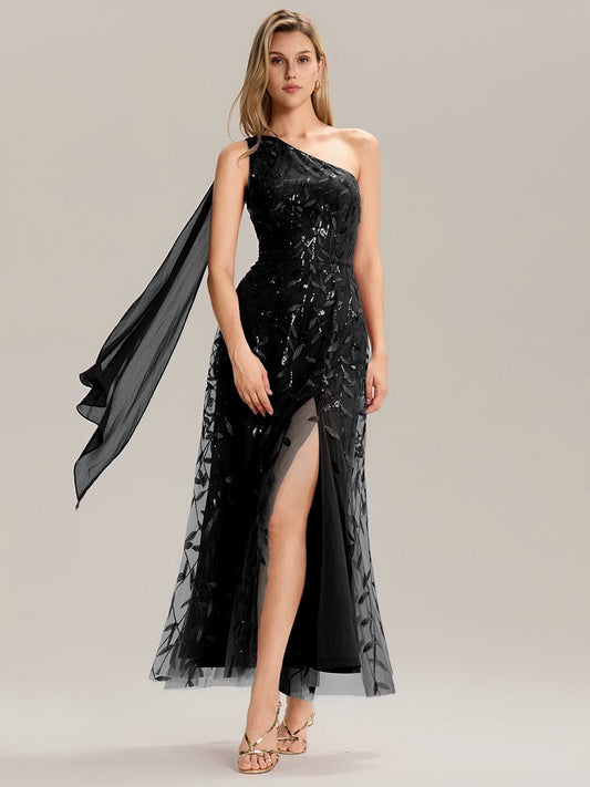 Flowing Ribbons One Shoulder Sequin Guest Dress