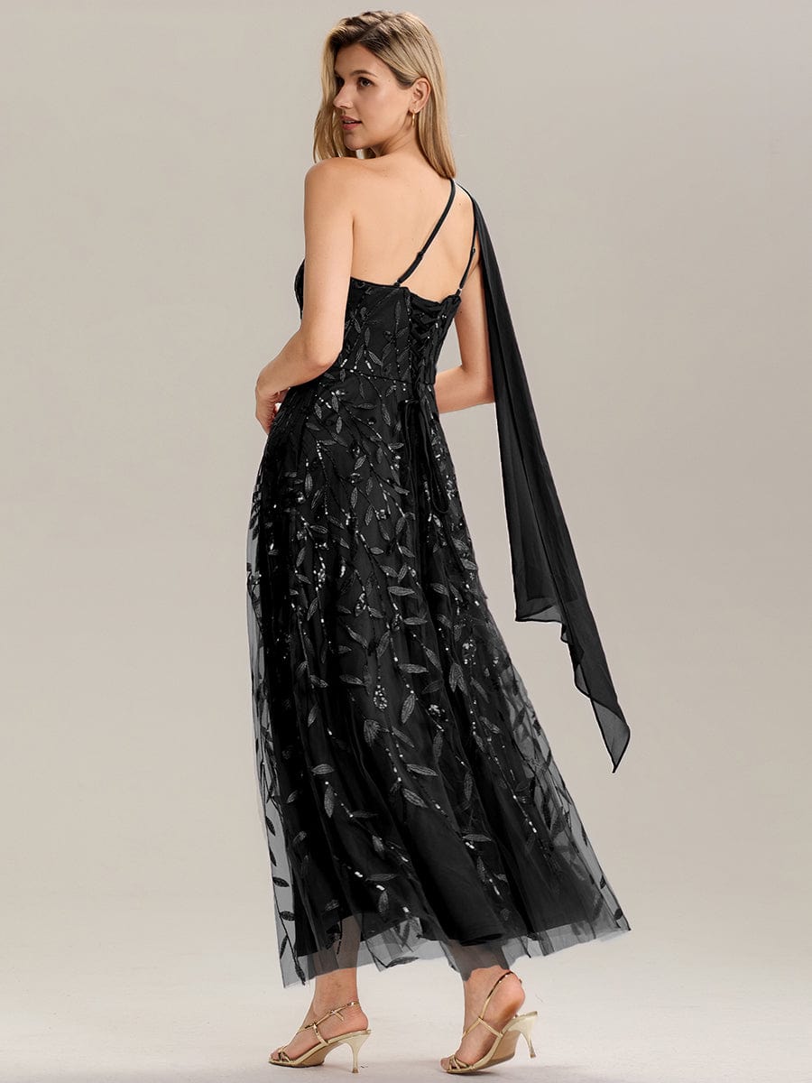 Flowing Ribbons One Shoulder Sequin Guest Dress