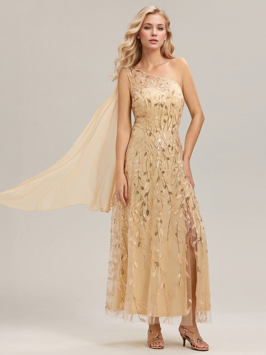 Flowing Ribbons One Shoulder Sequin Guest Dress