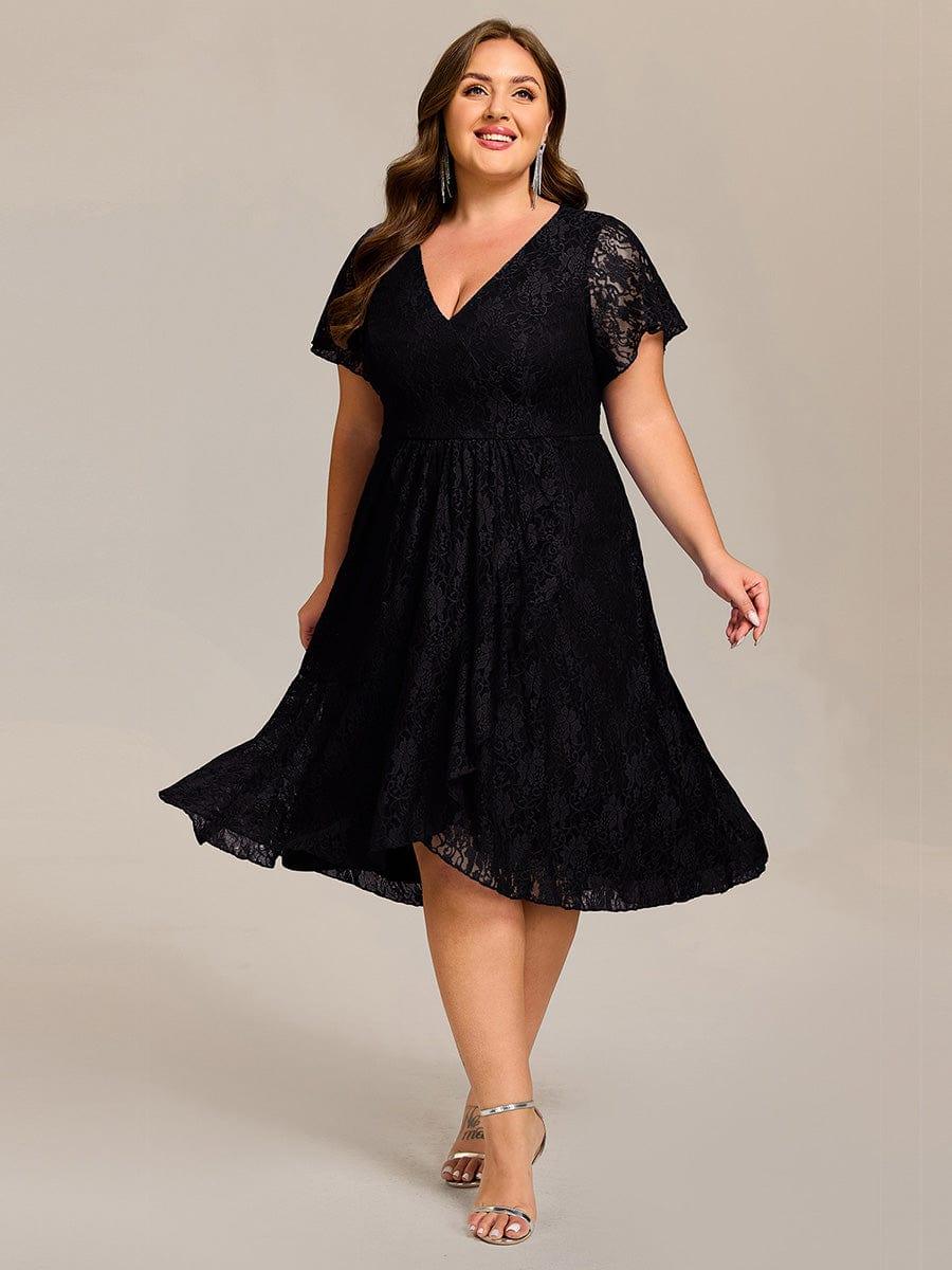 ever PALOMA|V-Neck Lace Lotus Leaf Ruffles Sleeve Midi Length Wedding Guest Dress