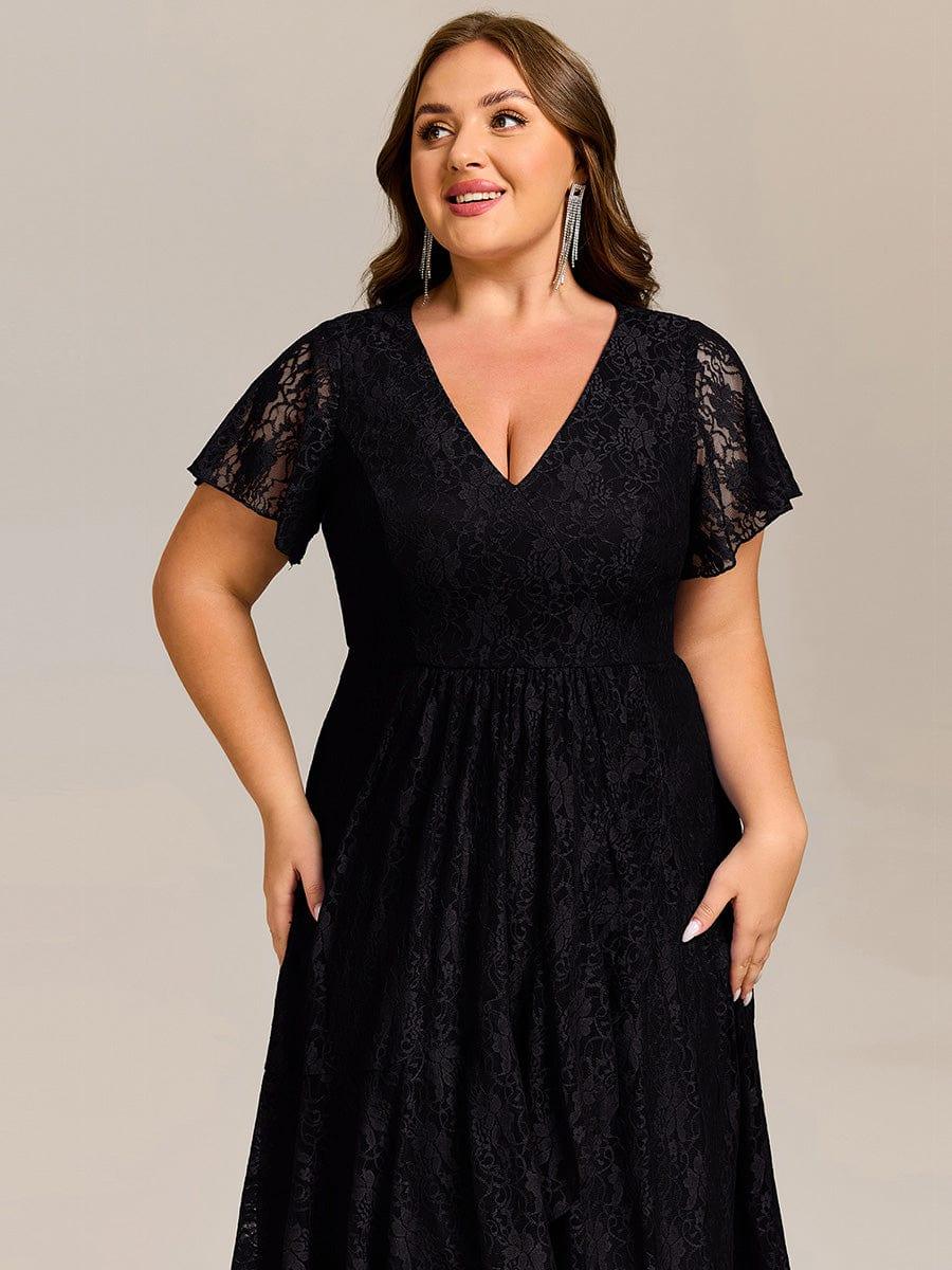 ever PALOMA|V-Neck Lace Lotus Leaf Ruffles Sleeve Midi Length Evening Dress