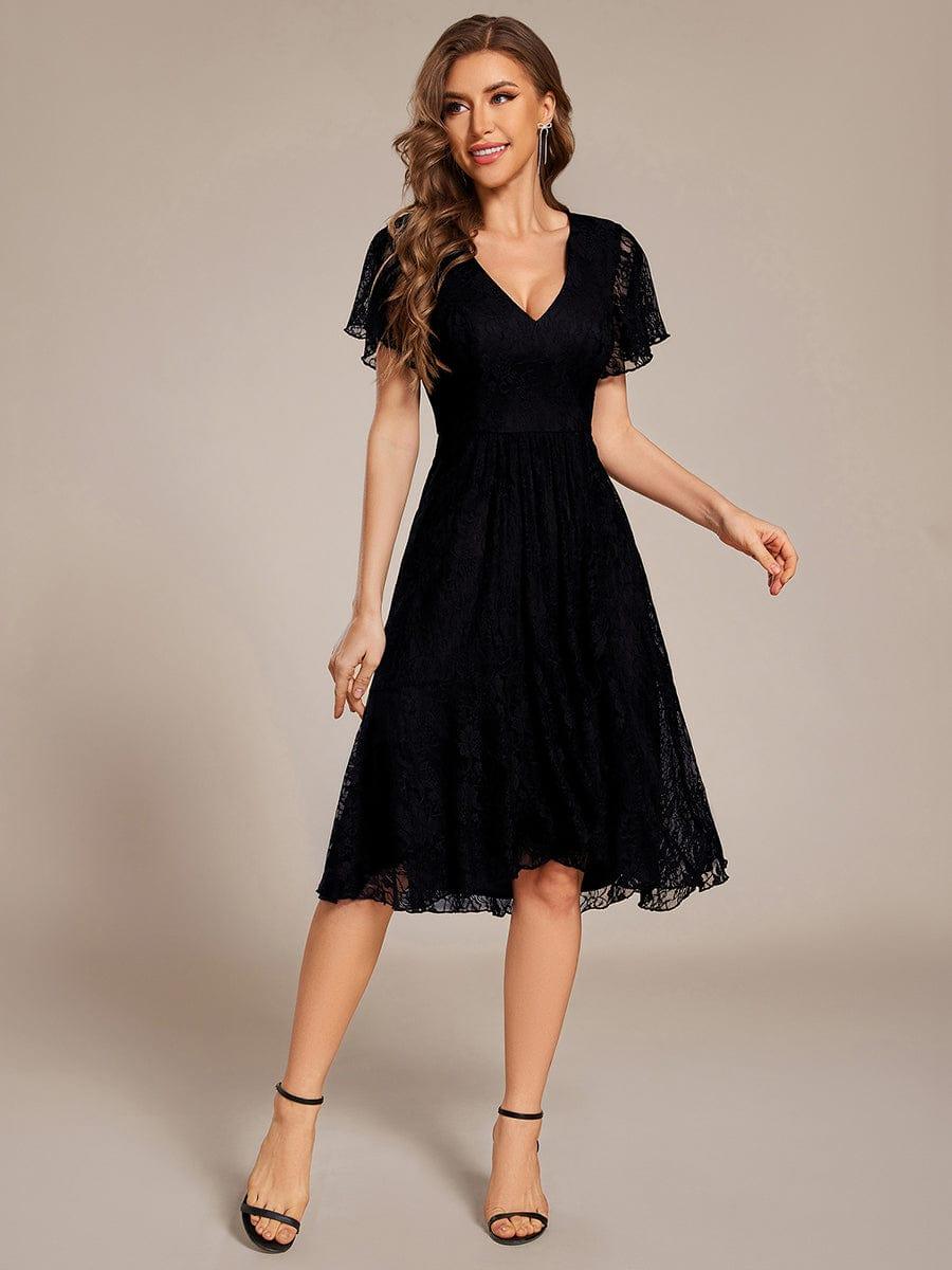 ever PALOMA|V-Neck Lace Lotus Leaf Ruffles Sleeve Midi Length Evening Dress